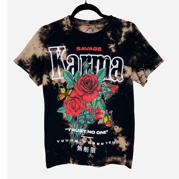 Popular Poison Tops - Popular Poison Shirt Small Karma Graphic T-shirt Roses Butterflies Tie Dye